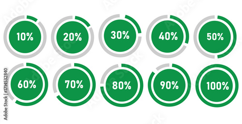 Set of circular sector arc percentage diagrams meters progress bar from 0 to 100.