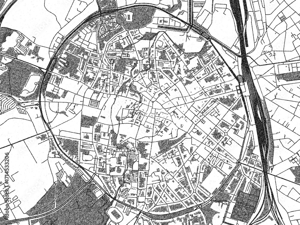 Naklejka premium Black and white cartographic illustration of Leuven Centrum, Belgium, in hand-drawn sketch form.