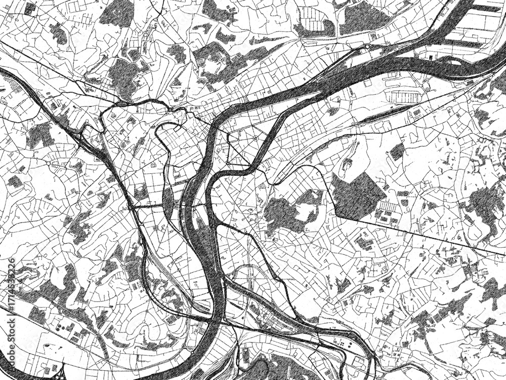 Naklejka premium Minimalist monochrome city map of Liege, Belgium, illustrated with urban detail.