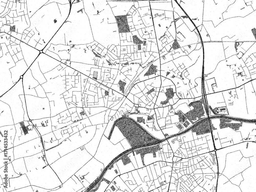 Fototapeta premium Stylized decorative city map of Menen, Belgium, hand-drawn in black and white.