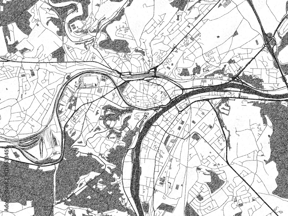 Naklejka premium Minimal poster-style map of Namur, Belgium, hand-drawn in monochrome.