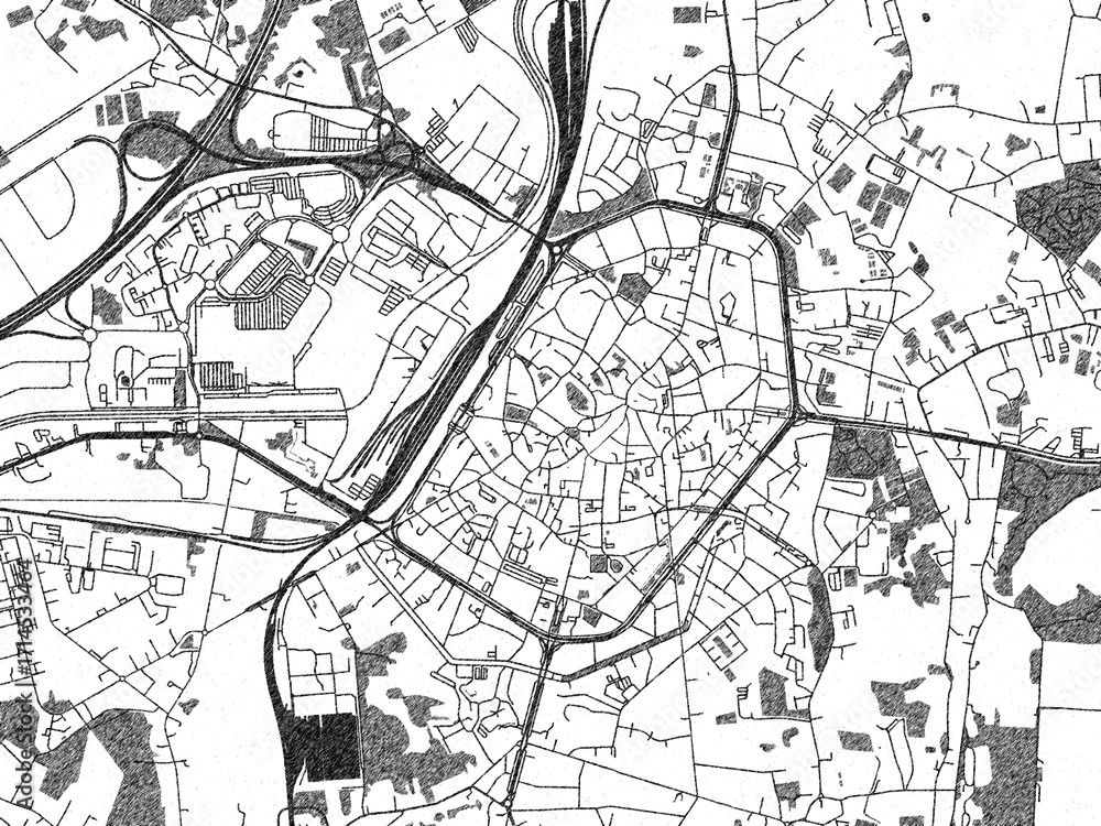 Fototapeta premium Artistic urban sketch of Mons, Belgium, detailed in black and white map form.