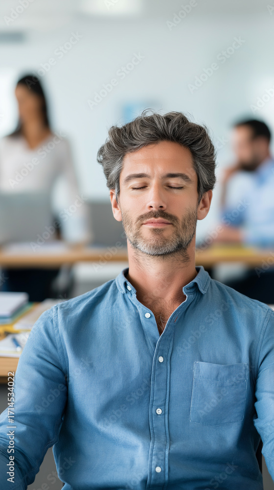 Fototapeta premium Man with closed eyes meditating in office environment.