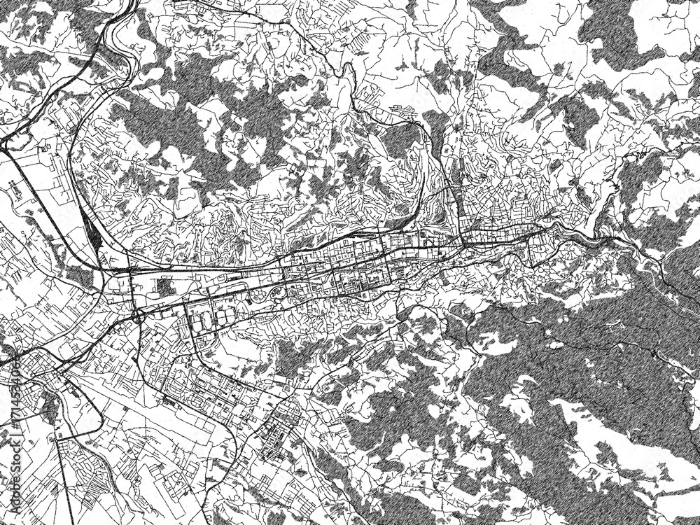Fototapeta premium Minimalist monochrome city map of Sarajevo, Bosnia and Herzegovina, illustrated with urban detail.