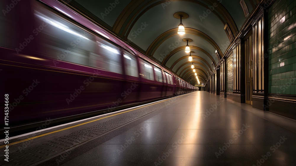 Fototapeta premium Dramatic view of abandoned train station with motion blur and jewel-toned seats