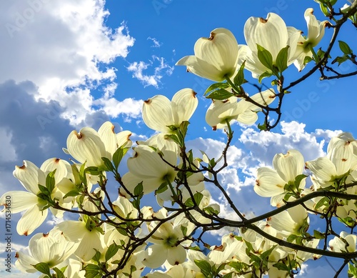 Blooming dogwood tree against a partly cloudy sky