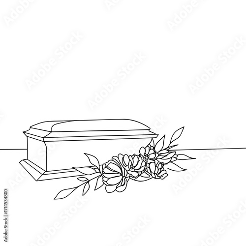 Simple line art of a coffin with flowers on a white background  