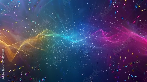 Colorful abstract background with soft waves, sparkling particles, and confetti for festive celebrations and creative designs
