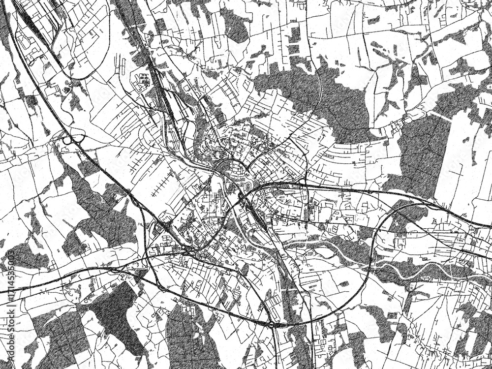 Fototapeta premium Illustrated city map of Frydek-Mistek, Czechia, in black and white, showing roads and textures.