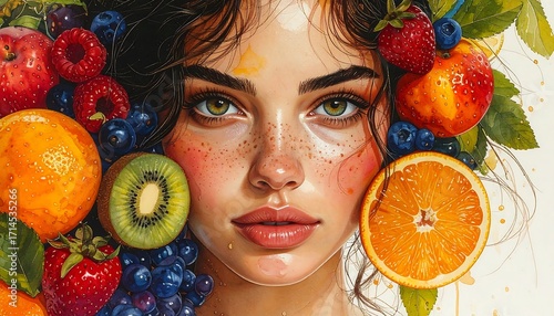 A Woman Adorned with Fruits, Vibrant Portrait