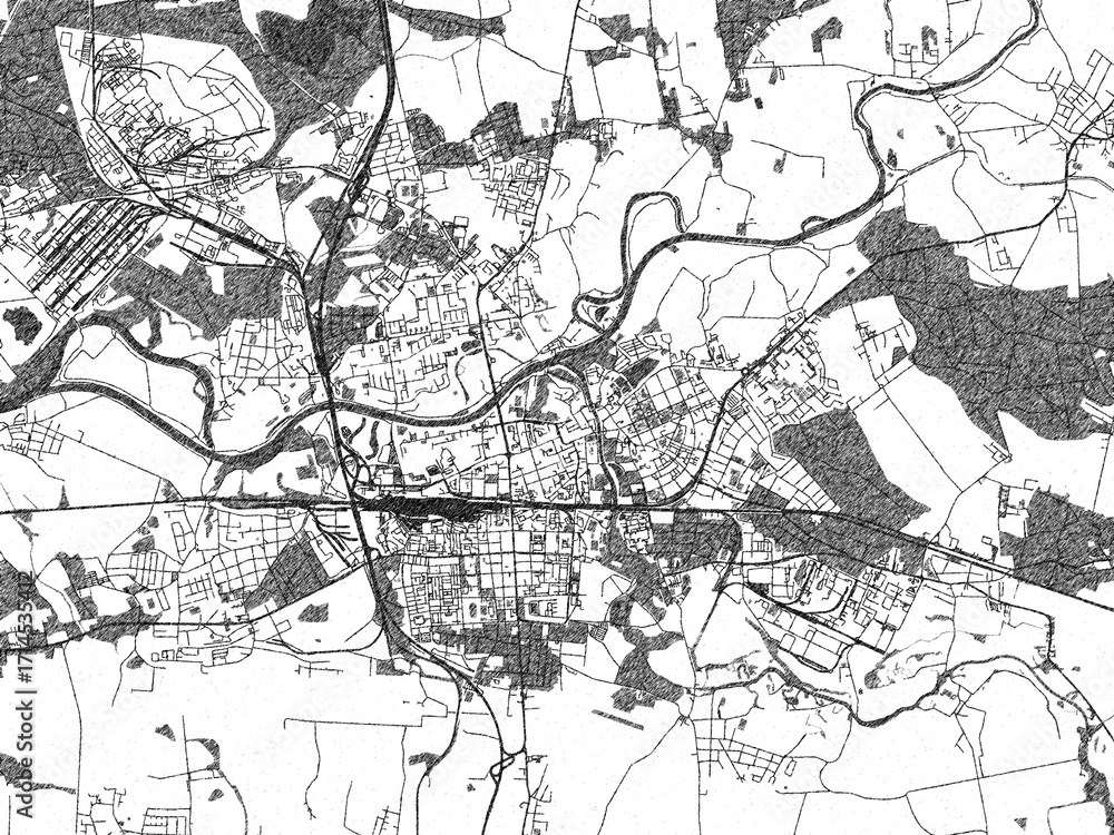 Fototapeta premium Minimalist monochrome city map of Pardubice, Czechia, illustrated with urban detail.