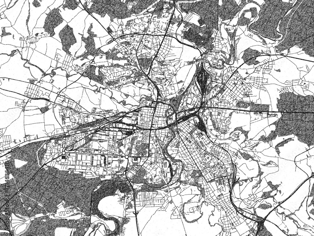 Naklejka premium Decorative monochrome illustration of Pilsen, Czechia, showing its detailed grid.