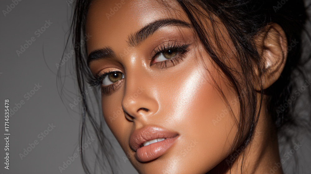 Fototapeta premium Close up portrait of young woman with glowing skin, defined features, and long eyelashes. soft lighting enhances her natural beauty, creating elegant and captivating look