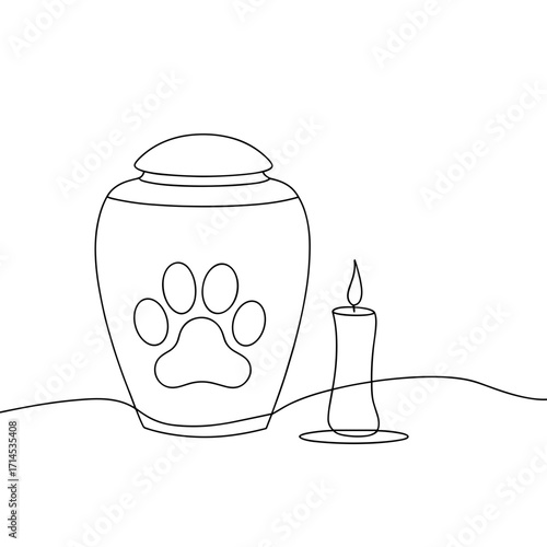 Pet urn with paw print and candle on simple background  