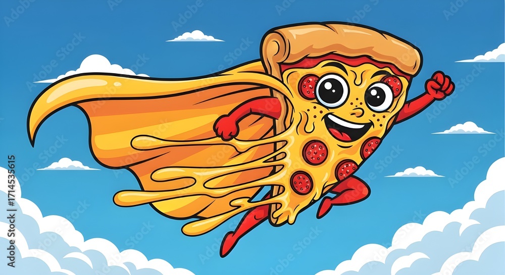 Obraz premium Superhero pizza slice flying high with cape in the sky, fun cartoon illustration