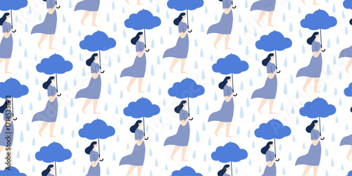 Seamless Pattern of Woman with Cloud Umbrella and Rain Drops in Mental Health Concept Design Illustration