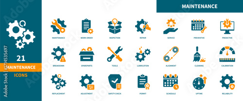 System maintenance icon set. Containing technical repair, machine support, adjustment, and service icons. Solid icon collection.