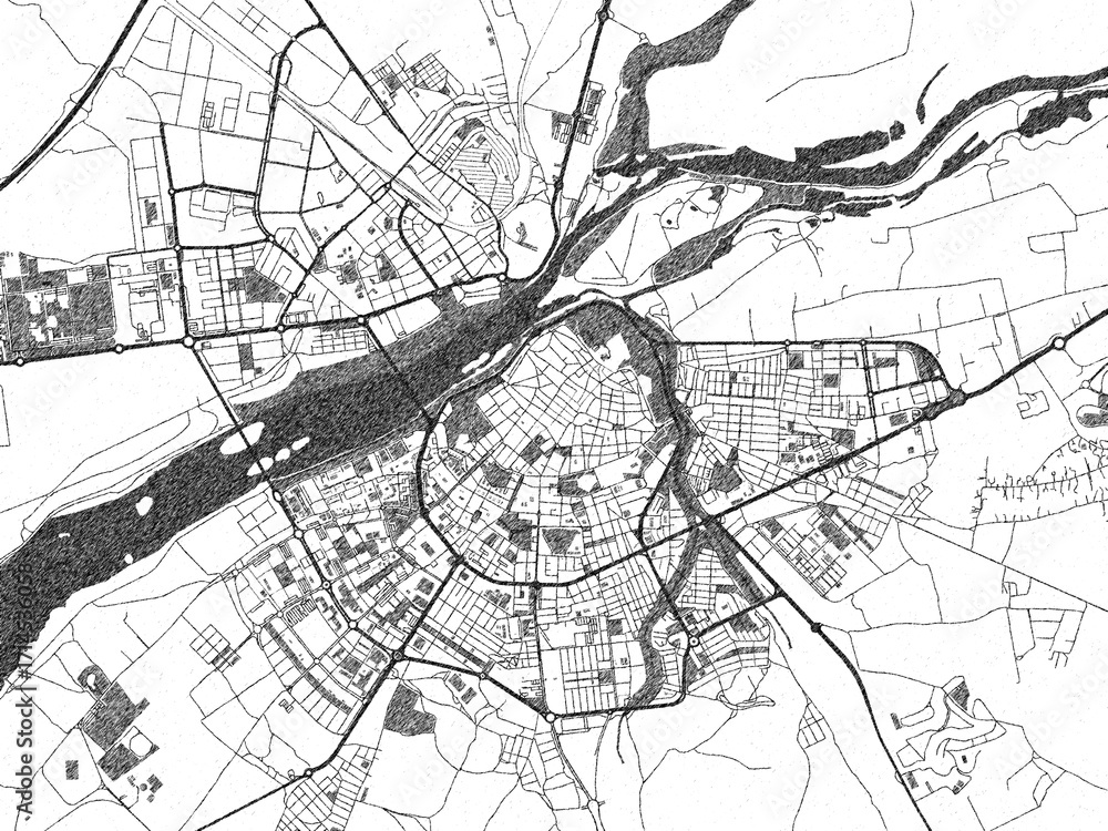 Fototapeta premium Sketch-style black and white map of Badajoz, Spain, perfect for illustration and wall art.