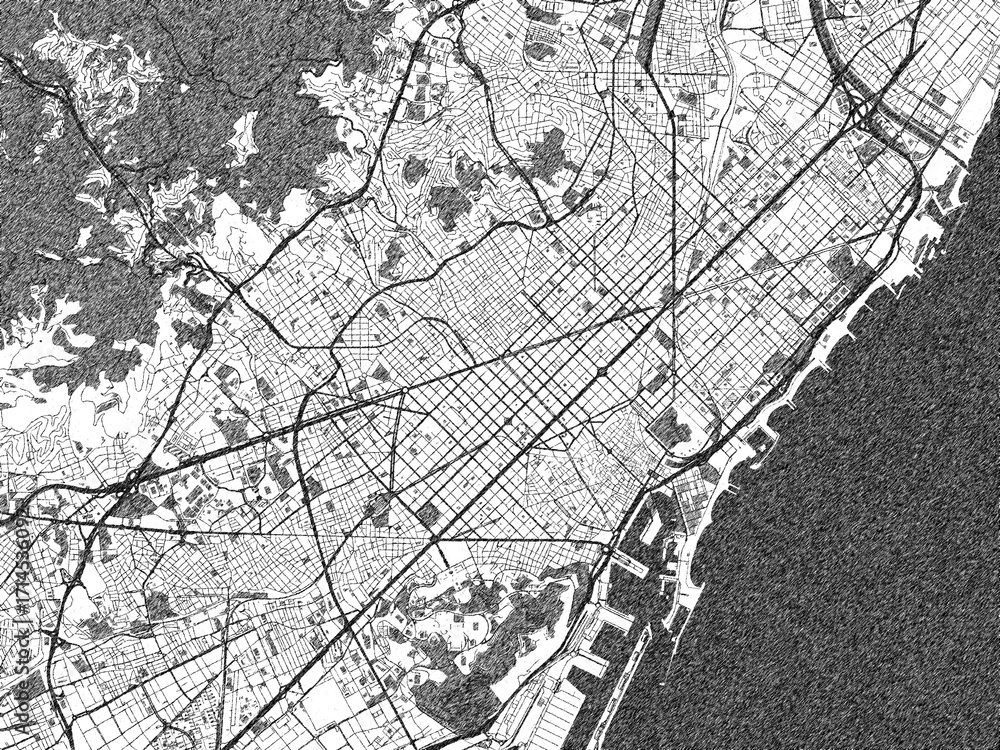 Naklejka premium Black and white illustrated map of Barcelona, Spain, with streets, rivers, and neighborhoods.
