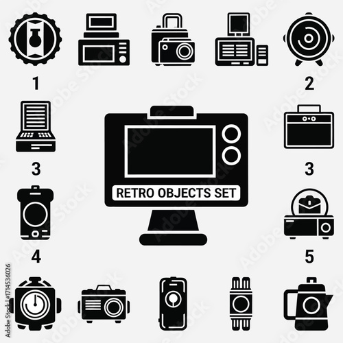 A comprehensive collection of vintage electronic devices and retro technology gadgets, presented as a stylized flat design icon set, perfect for nostalgic themes and various creative design projects