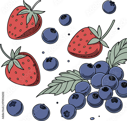 Seamless berry pattern with juicy ripe strawberries, cherries, and other fresh summer fruits, a vibrant and tasty food illustration