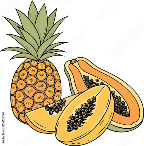 A fresh, juicy pineapple and other tropical fruits are isolated on a white background