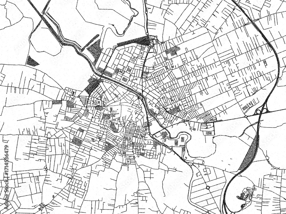 Naklejka premium Sketch-style black and white map of Chiclana de la Frontera, Spain, perfect for illustration and wall art.