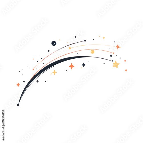 Abstract design of a cosmic arc with shimmering particles.  A smooth, flowing arc, resembling a celestial event, is composed of various colored lines and dots, reminiscent of stars, sparks, or cosmic 