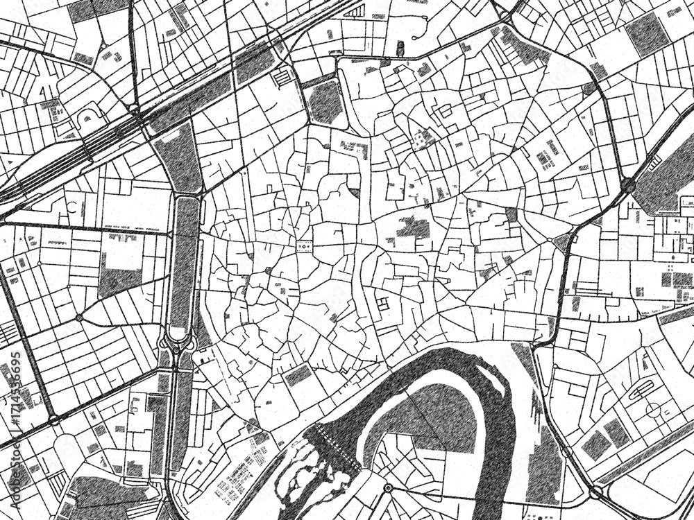 Obraz premium Decorative black and white map of Cordoba Centro, Spain, rendered in sketch-like style.