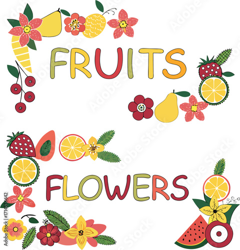 Fresh, ripe fruit and vegetable vector icons set a healthy diet illustration