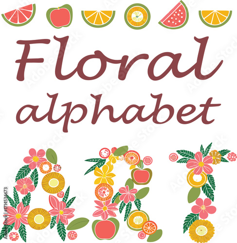 Vector illustration of a fresh organic apple, cherry, and orange with green leaves for a healthy food and juice label design