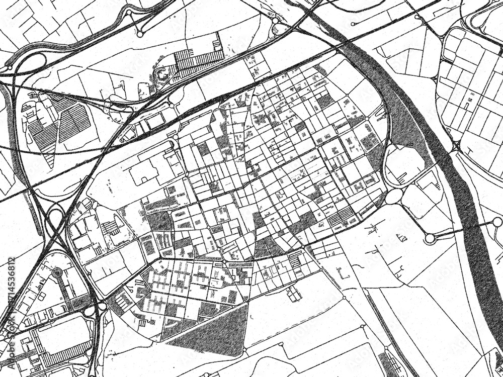 Naklejka premium Sketch-style black and white map of El Prat de Llobregat, Spain, perfect for illustration and wall art.