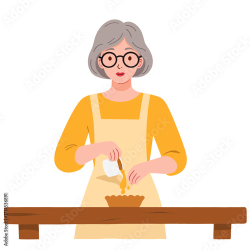 Elderly woman baking pie. Senior lady making homemade apple pie. Older woman preparing fresh pie dough. Retired woman smiling in kitchen. Elderly set