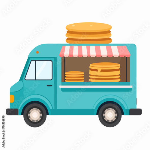 cute light teal food truck with stacked pancakes and burgers.