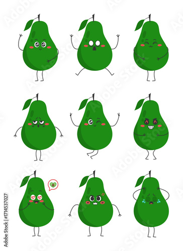Cartoon avocado character icon set. Avocado mascot emoji set. Vector illustration