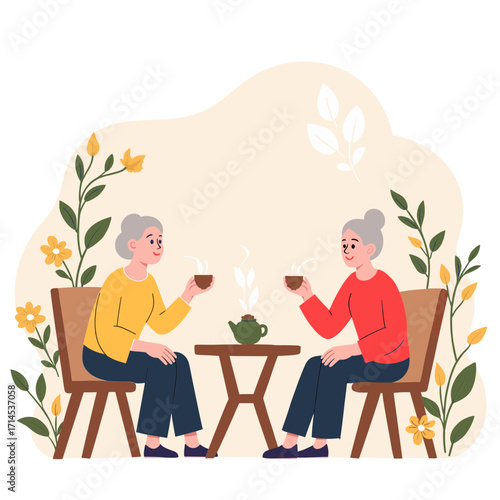Senior women in garden. Elderly ladies enjoying flowers outdoors. Older women gardening together. Retired friends spending time in garden. Elderly set