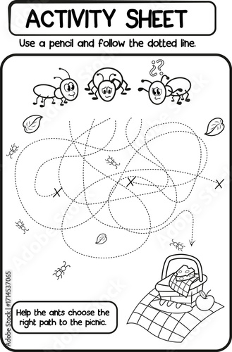 Hoja de actividades divertidas de laberinto de hormigas, perfecta para que los niños aprendan habilidades de resolución de problemas y pensamiento visual.