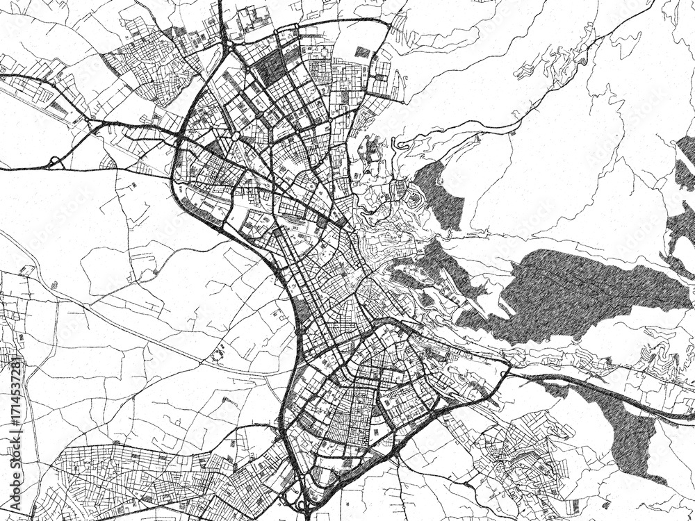 Naklejka premium Artistic monochrome city map of Granada, Spain, created in a hand-drawn style.
