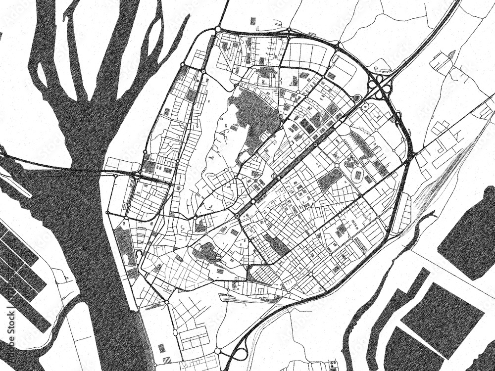 Obraz premium City map illustration of Huelva, Spain, rendered in black and white sketch style.