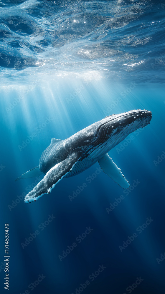 Naklejka premium Humpback whale swimming underwater with sunlight beams.