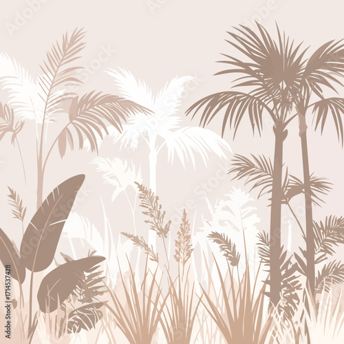 Tropical foliage illustration with palm trees and lush plants in earthy tones.