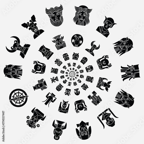 A captivating spiral arrangement of diverse mythological and symbolic faces, presented as a black and white graphic illustration showcasing a collection of ancient-inspired icons