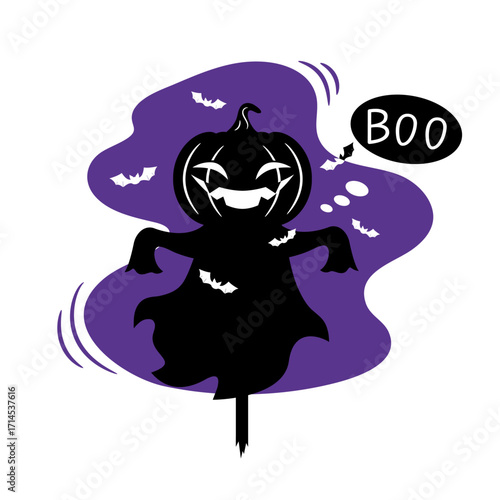 Pumpkin scarecrow character silhouette saying Boo. Cute Halloween mascot. Vector illustration