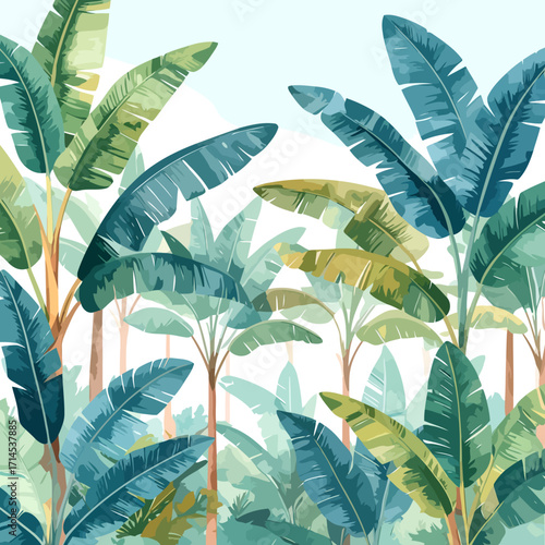 Watercolor tropical banana leaves lush green foliage illustration.
