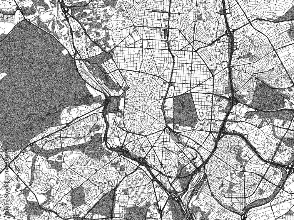 Fototapeta premium Illustrated city map of Madrid, Spain, in black and white, showing roads and textures.