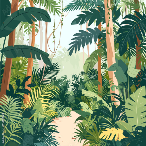 Vibrant vector illustration of a lush tropical jungle scene.
