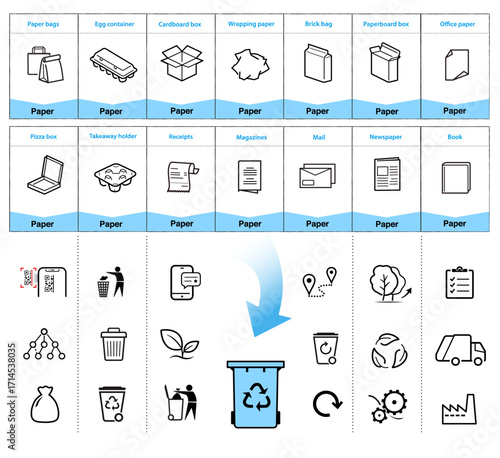 Ready icon sheets for separating paper waste. Vector elements are made with high contrast, well suited to different scales and on different media. Ready for use in your design. EPS10.