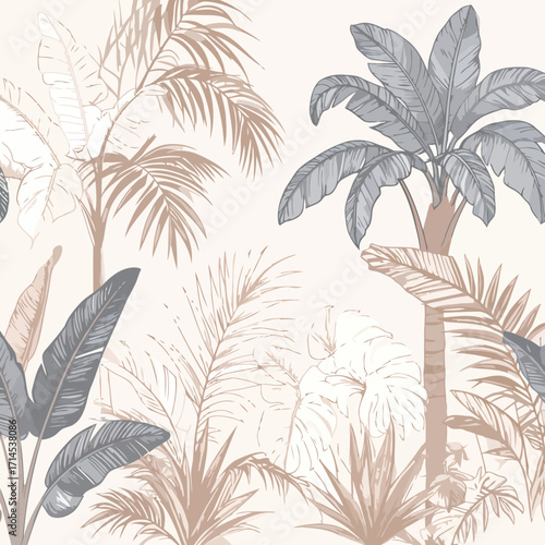 tropical plants, palm trees, lush foliage, exotic greenery, vibrant botanicals, detailed illustration.
