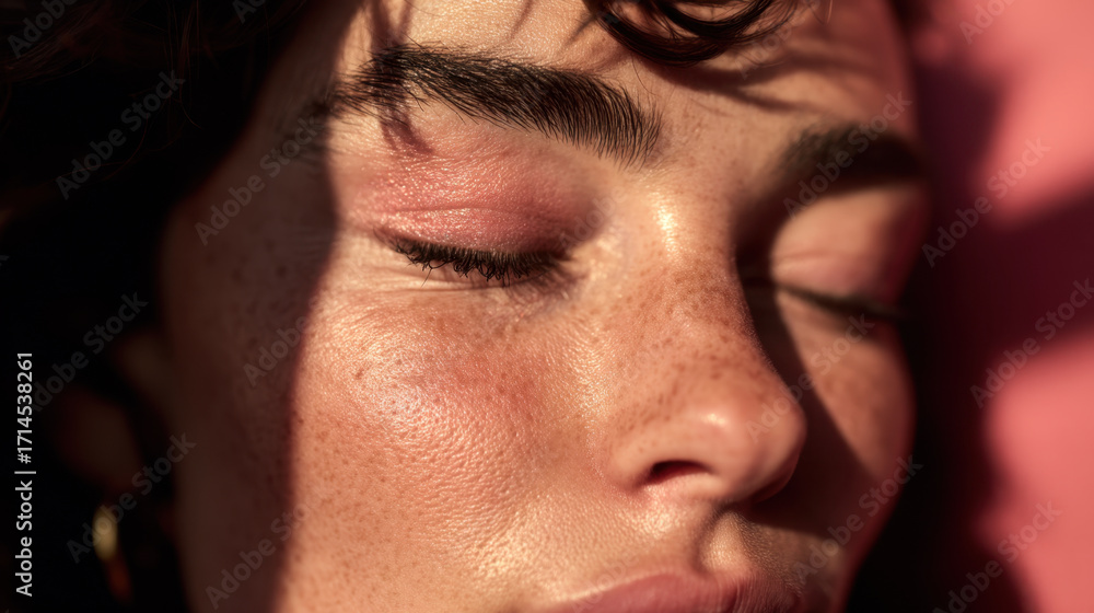 Obraz premium Close up portrait of person with closed eyes, showcasing natural skin texture, freckles, and soft lighting. image captures serene and peaceful expression, highlighting beauty of natural features