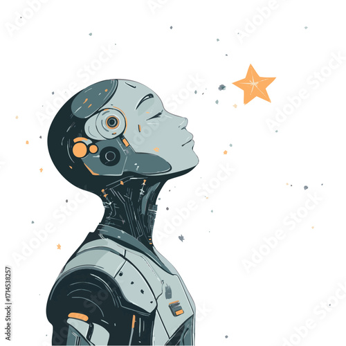 A futuristic robot gazing at a star, embodying dreams and aspirations.  A thoughtful, almost ethereal, depiction of a robot in a state of serenity